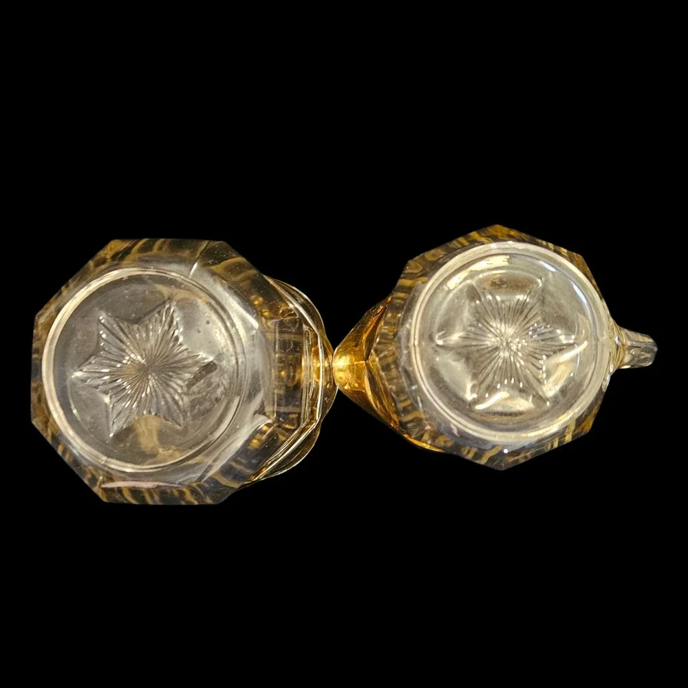 Vintage Clear Pressed Glass Creamer Open Sugar Amber Scalloped Rim Set